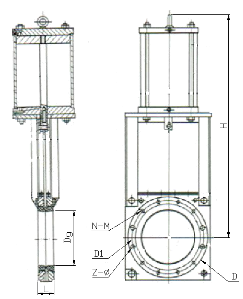 氣動(dòng)對(duì)夾式無隙閘閥結(jié)構(gòu)示意圖